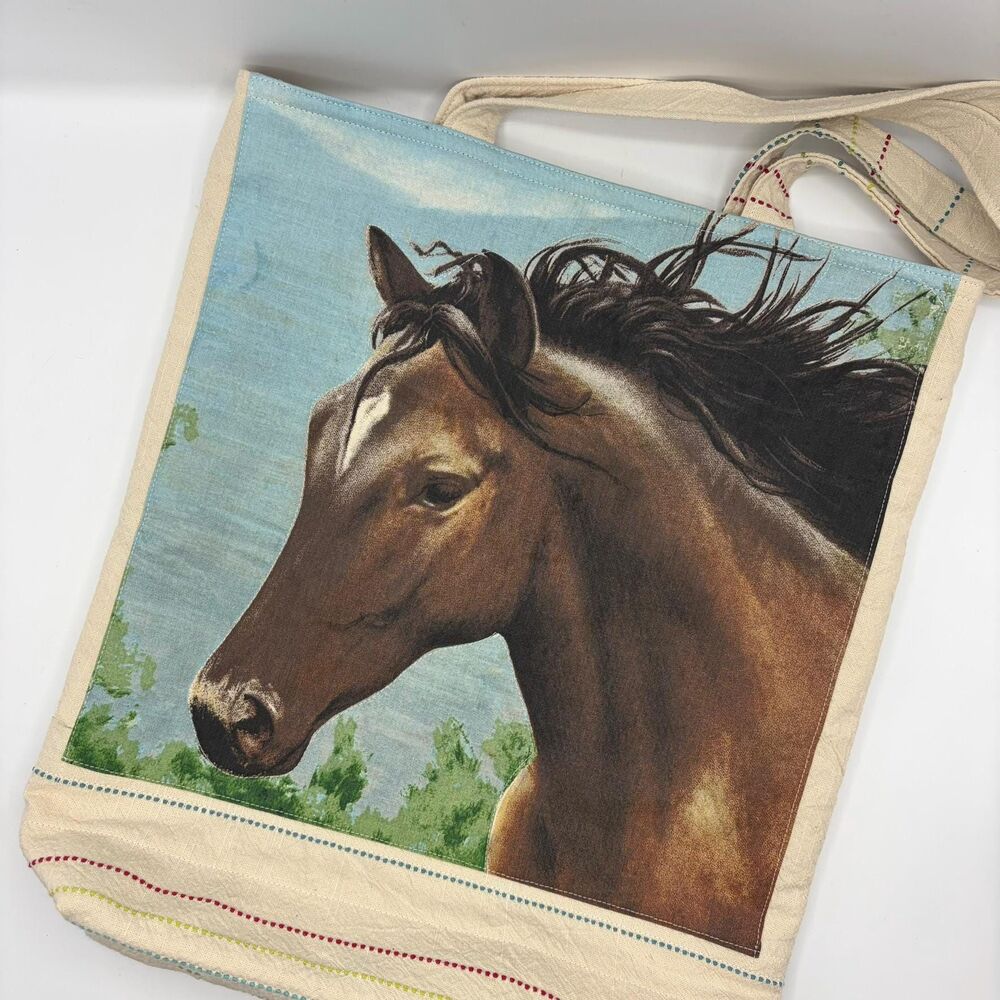 Handmade Tote Bag: Repurposed, Quilted Tote Horse Head Cottage Library Tote